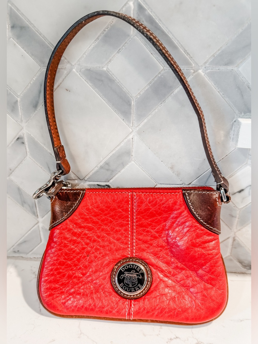 Vintage Dooney & Bourke Red Leather coin purse Bag with Brown Trim
